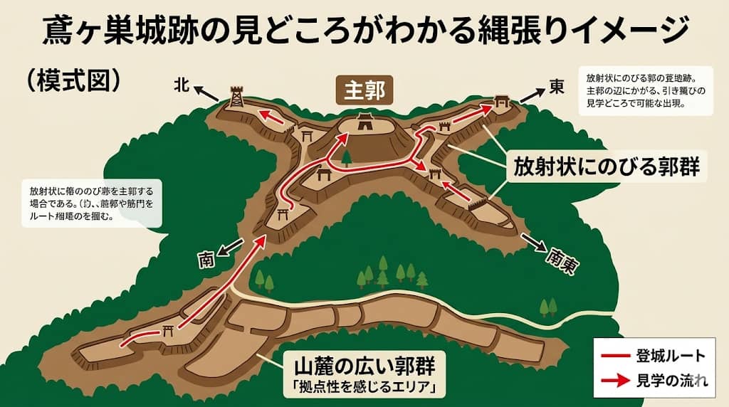 鳶ヶ巣城跡の縄張りイメージ図